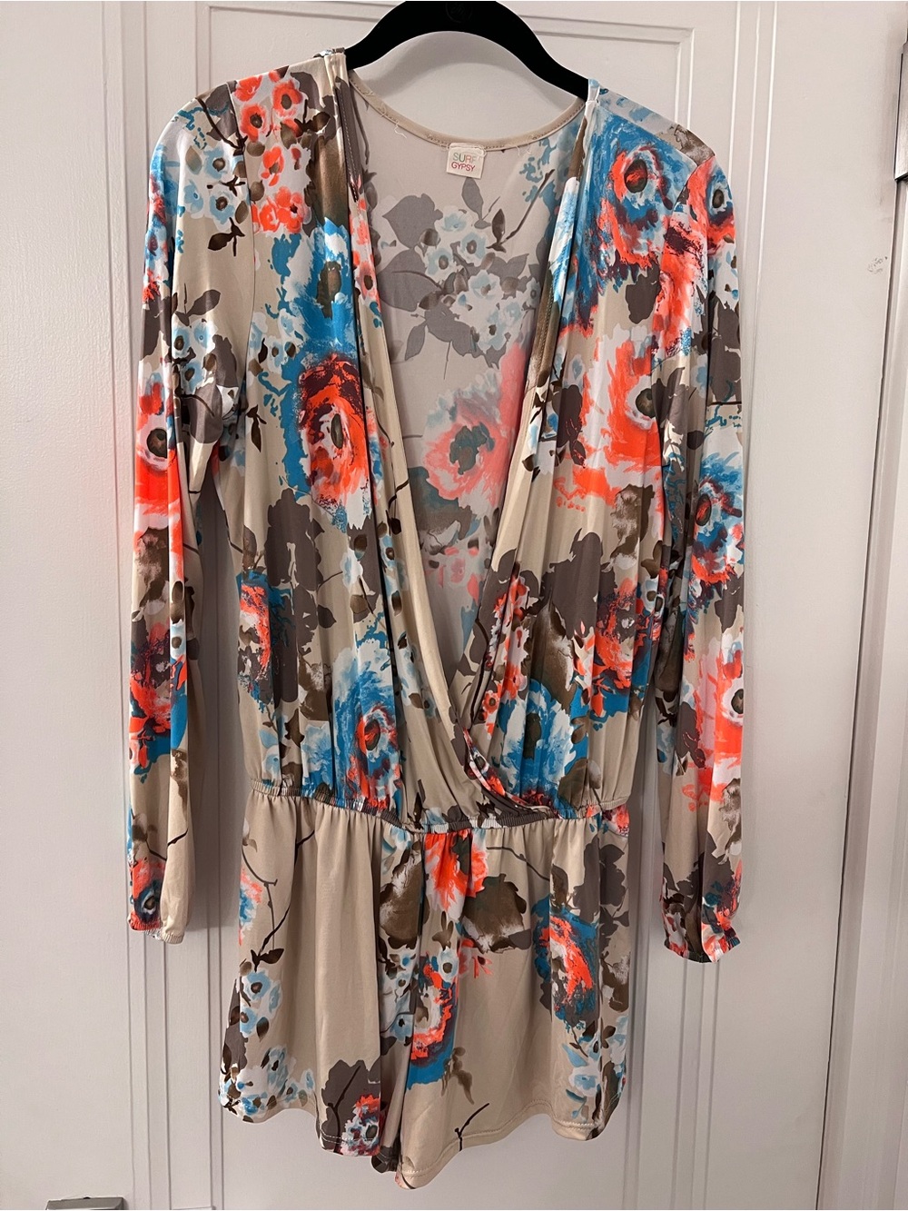 Surf Gypsy Beige Long-Sleeve Floral Surplice Romper with Coral & Blue Accents